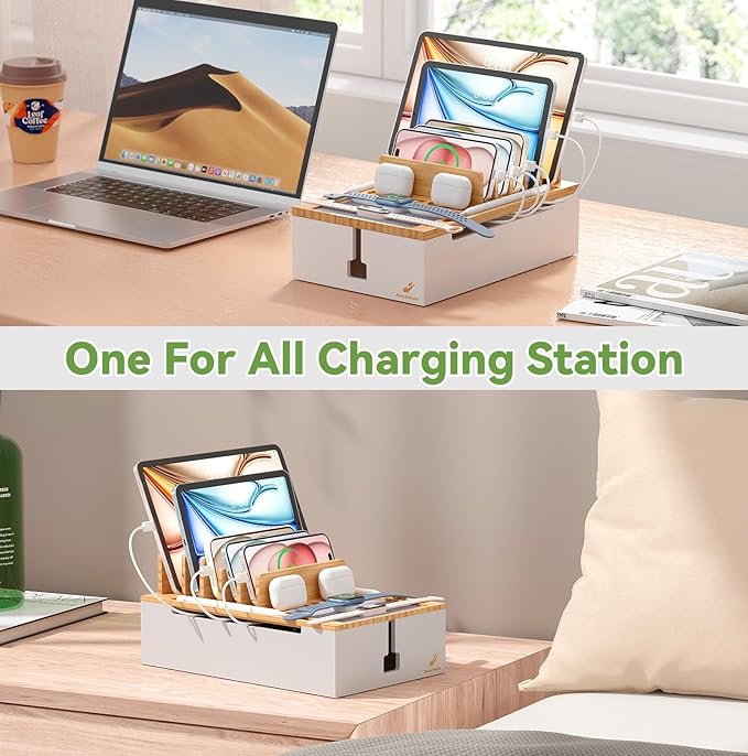 Pezin & Hulin Bamboo Charging Station for Multiple Devices, USB Charger Dock Organizer, with Power Supply (10 Ports HUB), 6 Cables, Cable Management Organizer for Cell Phones, Tablets -Natural+White