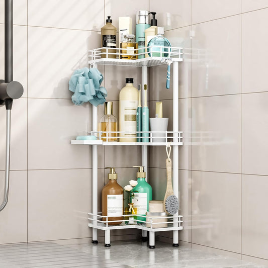 HapiRm Corner Shower Caddy Standing - 3 Tier Shower Organizer Corner with Soap Holder, Rustproof Bathroom Standing Organizer with 4 Hooks, White