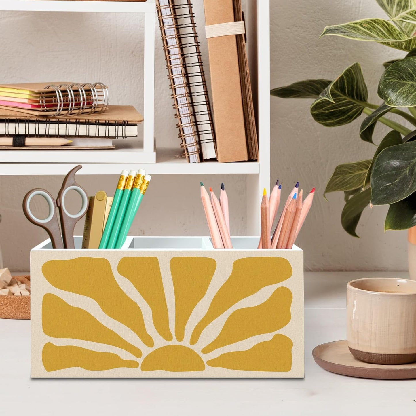 DILSJ Boho Abstract Sunshine Pen Pencil Holder Organizer for Desk, Boho Office Decor, Groovy Retro Abstract Sunshine Wooden Box Signs for Home Office Desk Tabletop Decoration
