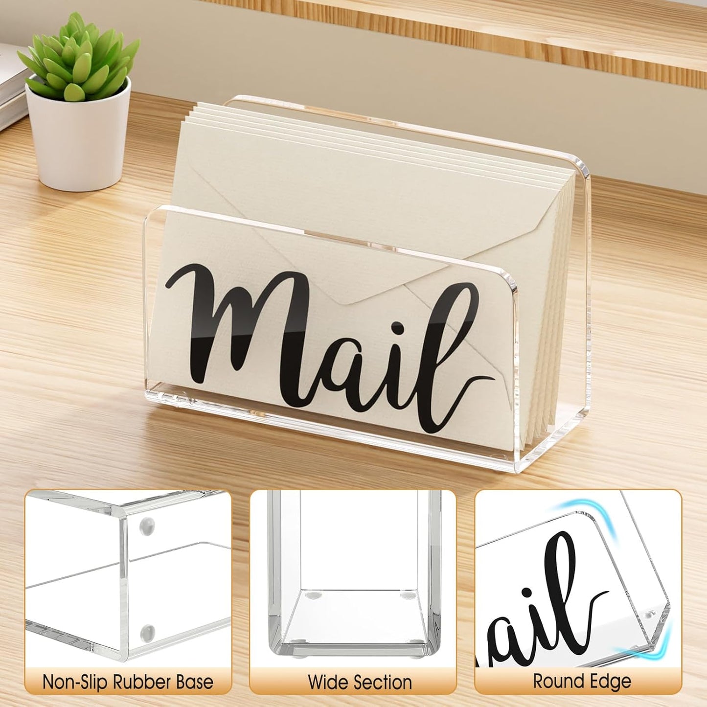 KTRIO Acrylic Mail Holder, Clear Sorter, Organizer Countertop, Print Script Letter Holder for Desk, Envelope Stand for Home Office School