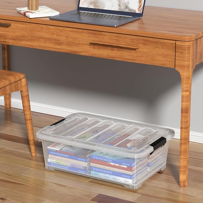 20 Quart Under Bed Plastic Latch Storage Totes with Wheels, Clear Underbed Storage Container, 4 Packs