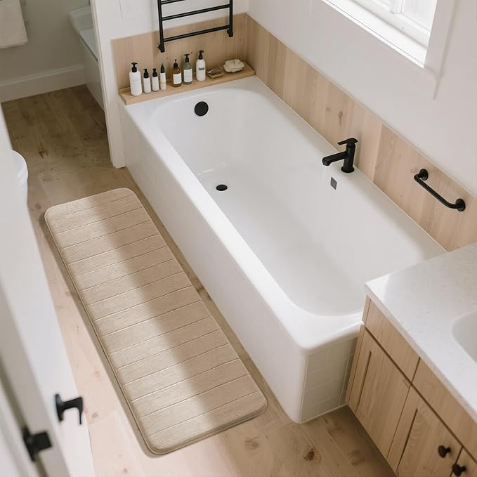 Yimobra Bathroom Runner 60"x24", Non Slip Memory Foam Bath Mat, Super Soft Water Absorbent Hallway Carpet, Machine Washable Rug for Vanity Tub Shower, Beige