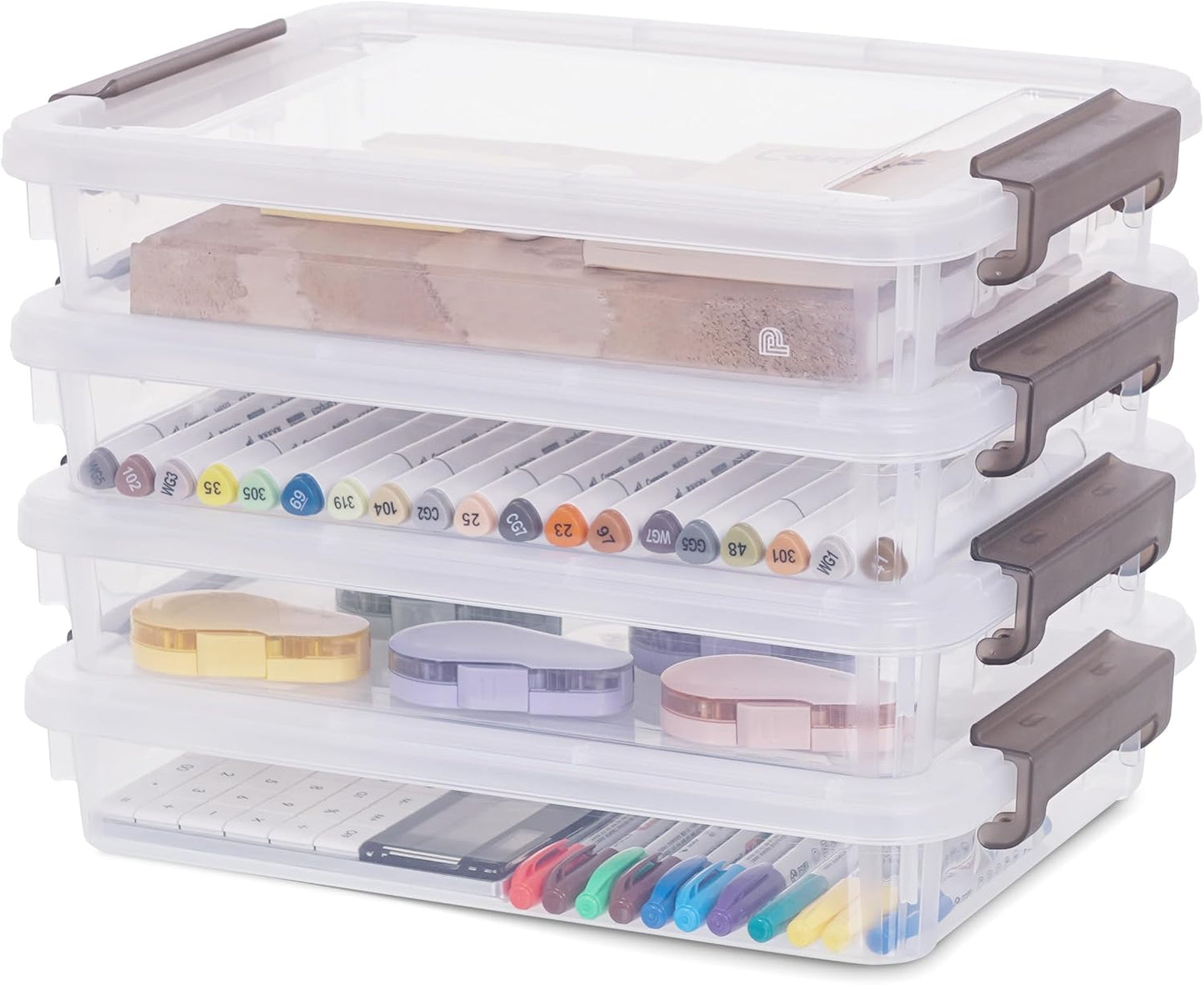 Citylife 4PCS Plastic Storage Bins with Organizer Tray, Stackable Clear File Box, Versatile Craft Storage for Office, Kitchen, Bathroom and School Supplies, 24-pack