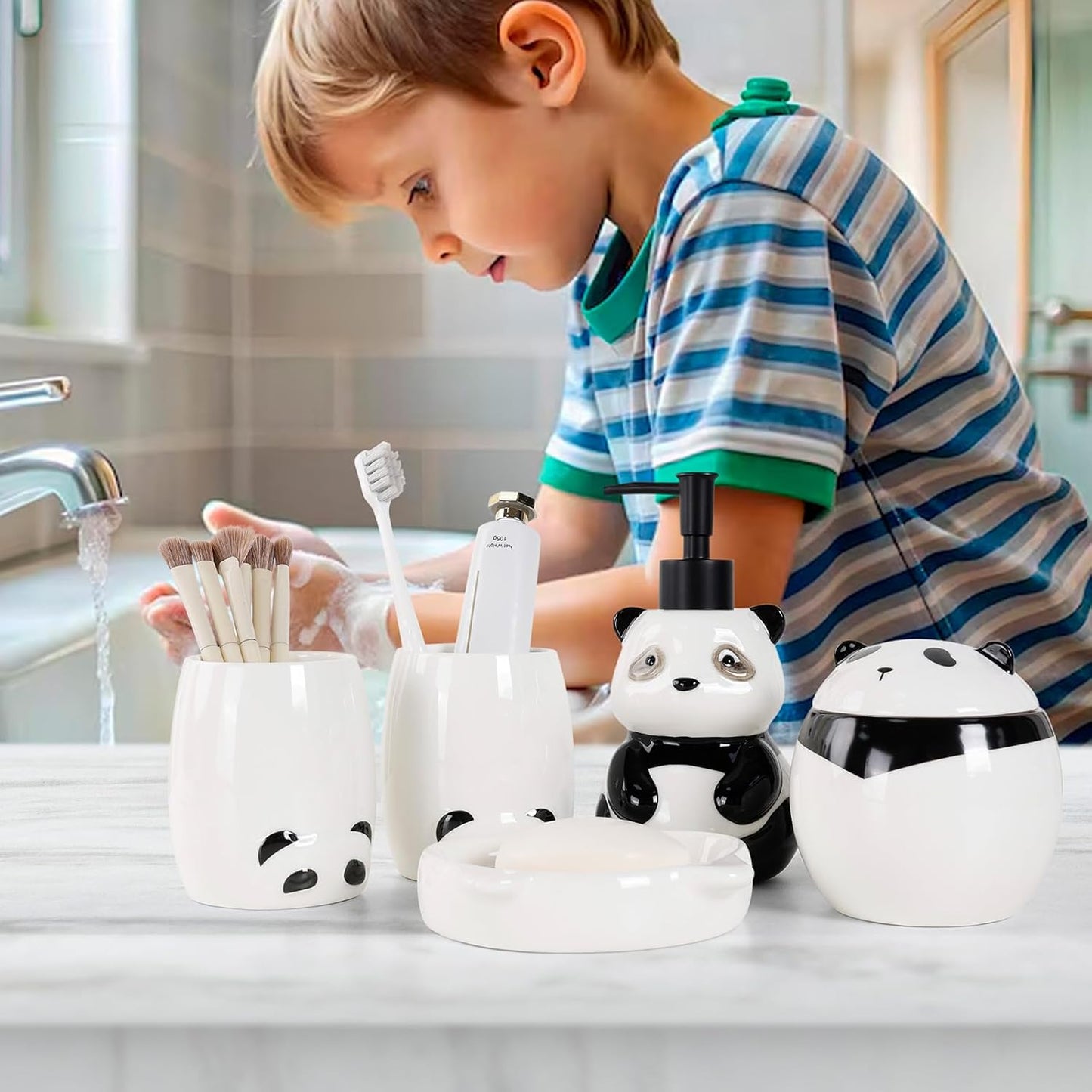 Bathroom Accessory Set 5PCS, Ceramic Bathroom Accessories Set, Cute Panda Bathroom Accessories Sets Complete, Home Apartment Modern Bathroom Decor Vanity Countertop, ANTIS'S HOME