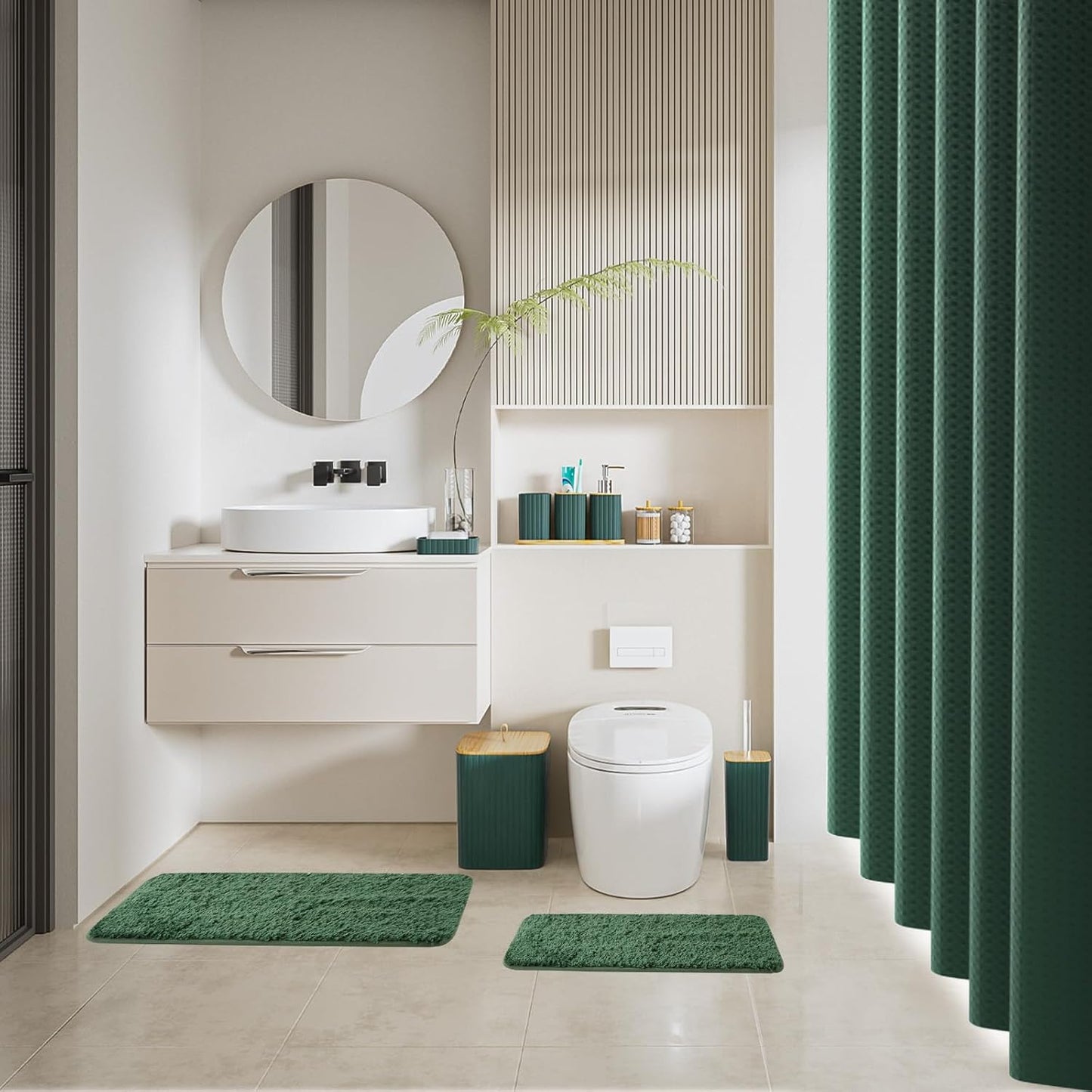 Bathroom Accessories Set - 24PCS Bathroom Set with Shower Curtain and Rugs, Trash Can, Toilet Brush Holder Set & Soap Dispenser – Stylish & Functional Bath Decor for Home, Apartment, Green