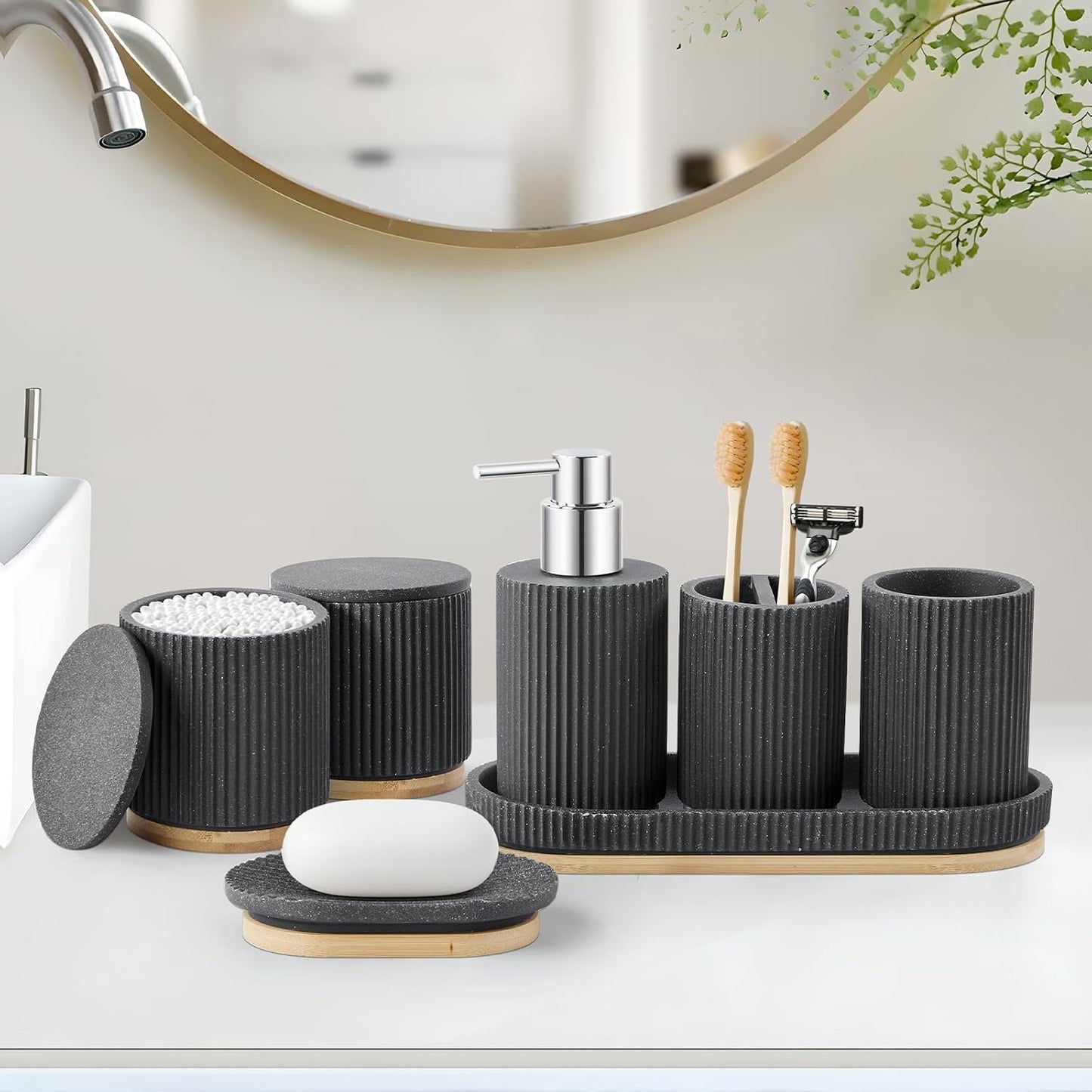 Black Bathroom Accessories Set, 7PCS Resin Bathroom Set with Bamboo Base, with Soap Dispenser, Q-tip Holder, Toothbrush Holder, Tumbler, Soap Dish, Vanity Tray, Complete Bathroom Set for Modern Decor