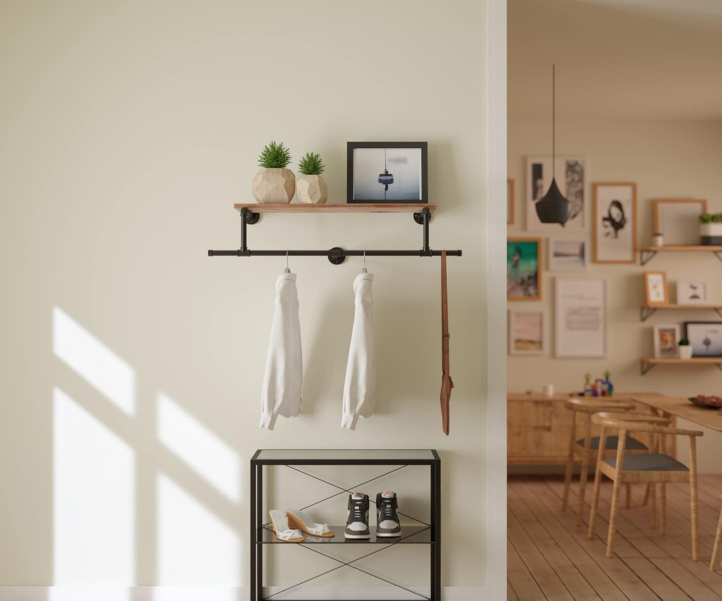 36In Industrial Pipe Clothing Rack with Top Shelf, Space-Saving Wall Mounted Clothes Rack, Shelf with Hanging Rod for Closet Storage, Laundry Room. (1T, Brown)…