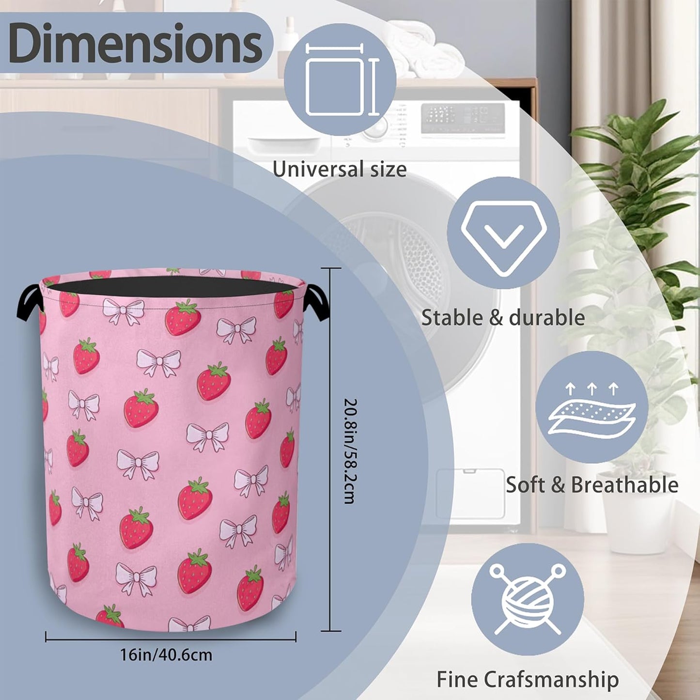 Cute Strawberry Laundry Basket,Bow Foldable with Handles Tote Bag Oxford Cloth for Bathroom Bedroom Dirty Clothes Storage Bucket 16" x 20.8"