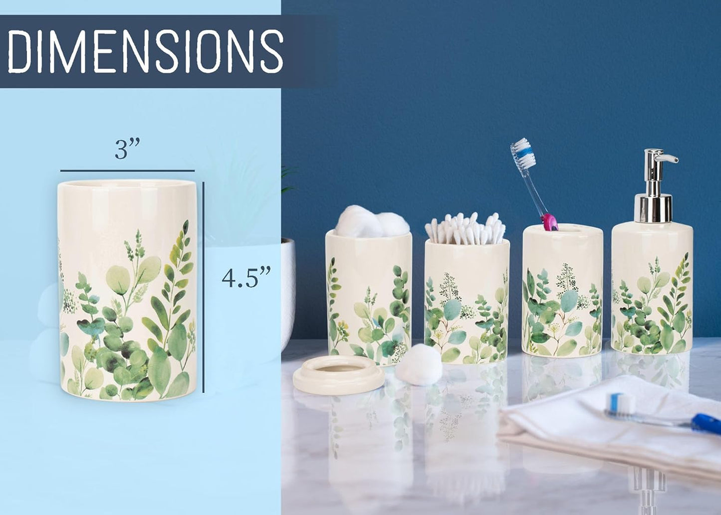 NAT & Jules Chic Modern Rounded 4.5 inch Ceramic Bathroom Accessories Set of 4 - Home Décor & Organization Perfect for Bath or Kitchen Household Essentials, Floral Greenery on Cream White