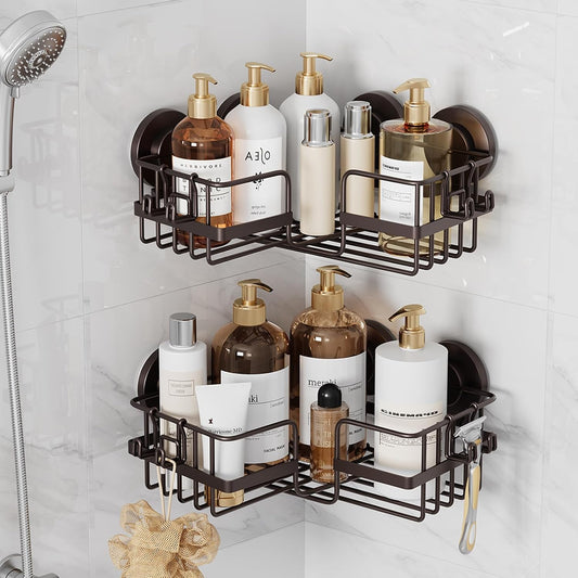 TAILI 2 Pack Powerful Suction Cup Shower Caddy Corner-adaptive, Stainless Steel Rustproof Shower Shelves with Hook, Drill-Free Wall Suction Baskets, Large Capacity Removable Bathroom Organizer, Brown