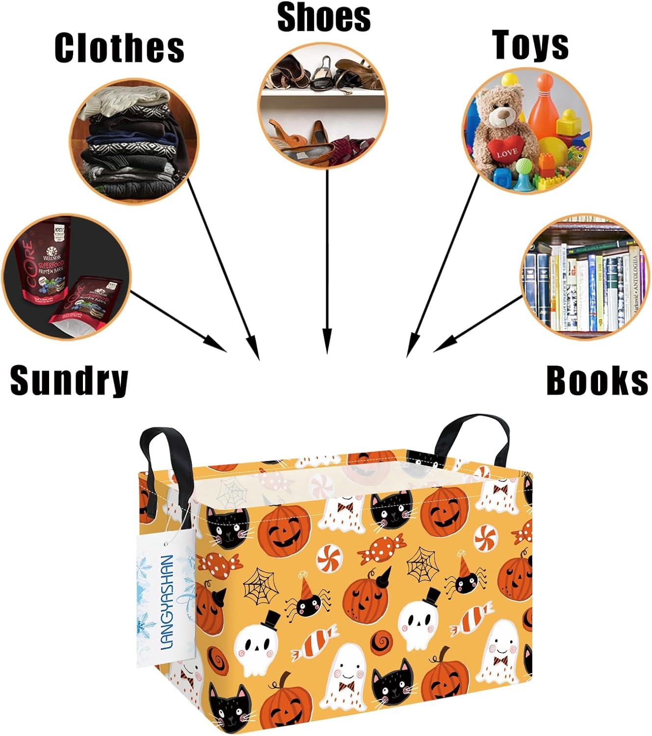 LANGYASHAN Rectangular Halloween Storage Bin Collapse Canvas Fabric Cartoon Storage Basket Home Kitchen Boys and Girls Toys Office Closet Shelf Baskets (Rec Halloween Pumpkin Ghost)