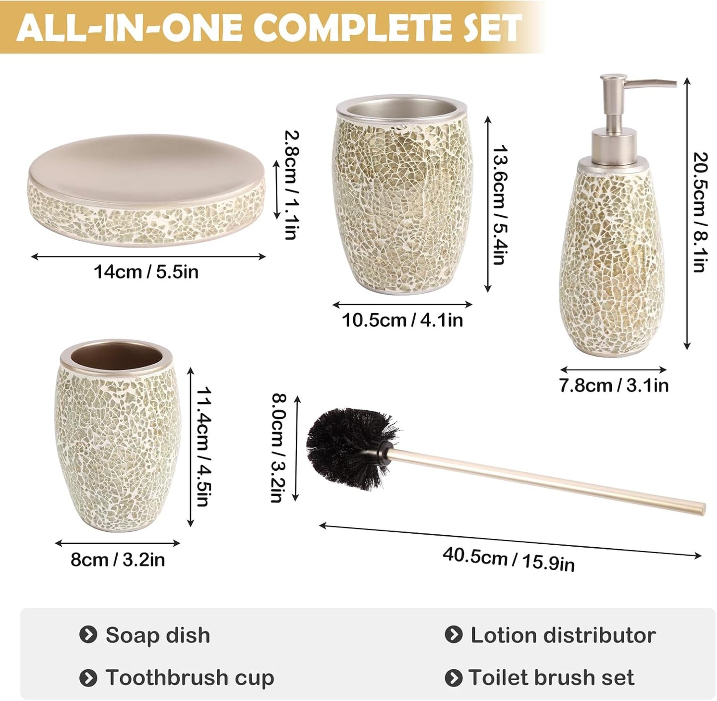 Exquisite Gold Glass Sequins Resin Bathroom Accessory Set,4 Pcs - Soap Dish,Lotion Dispenser,Toothbrush Cup,Toilet Brush & Holder,Modern Luxury Bathroom Set