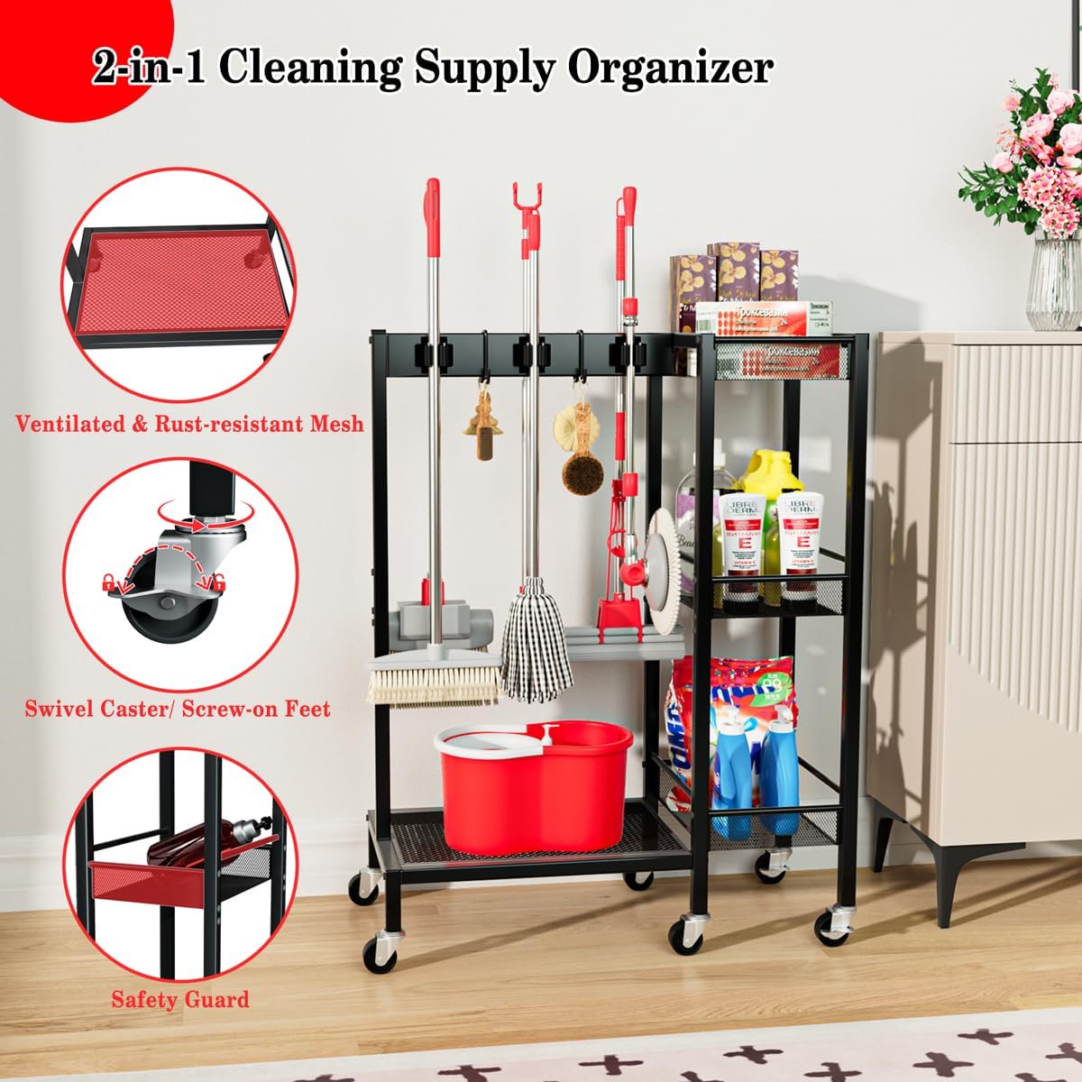 Broom and Mop Holder with Wheels, Large Capicity Cleaning Supplies Organizer with 3-tier Storage Shelf, Cleaning Rack with Hanger Grippers Hooks, Narrow Housekeeping Rack for Laundry Room Garage