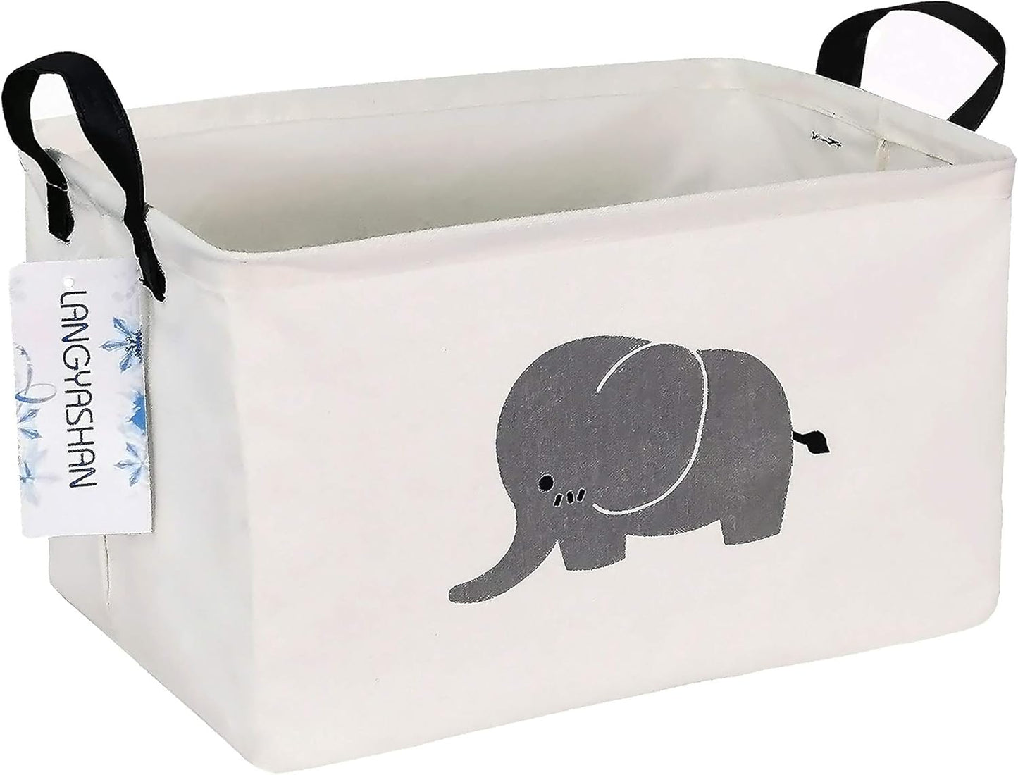 LANGYASHAN Rectangular Storage Bin Collapse Canvas Fabric Cartoon Storage Basket with Handles for Organizing Home Kitchen Boys and Girls Toys Office Closet Shelf Baskets (REC Elephant)