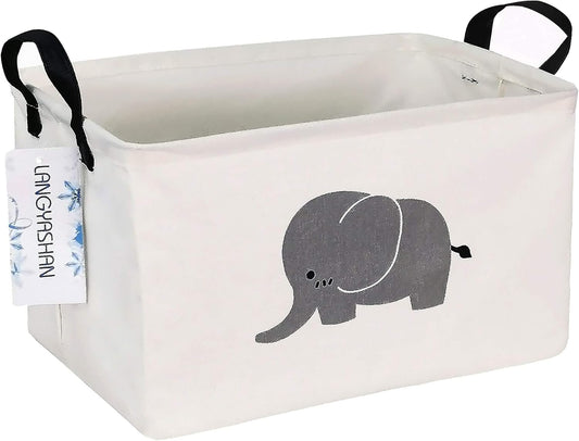 LANGYASHAN Rectangular Storage Bin Collapse Canvas Fabric Cartoon Storage Basket with Handles for Organizing Home Kitchen Boys and Girls Toys Office Closet Shelf Baskets (REC Elephant)
