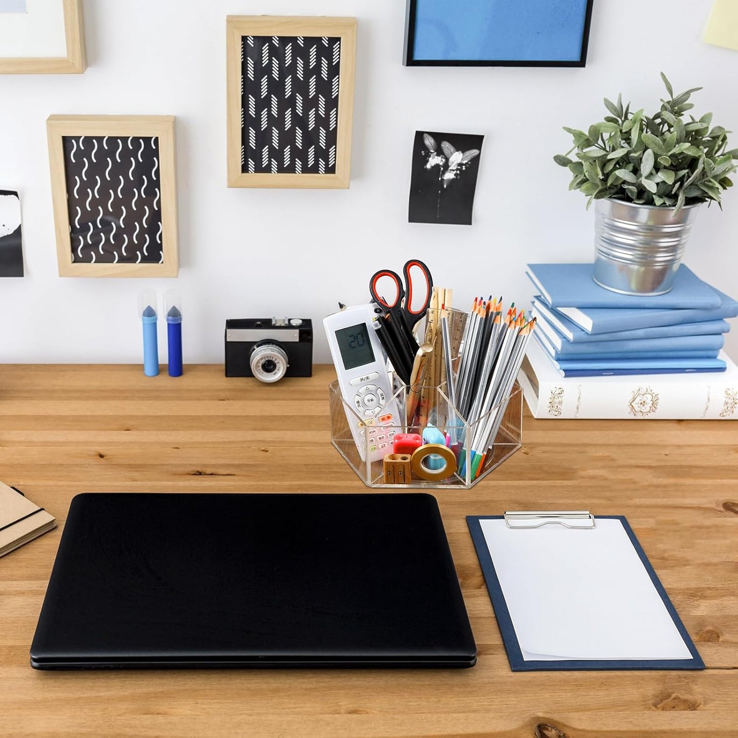 Zonon Acrylic Pen Holder Pencil Organizer 360 Degree Rotating Art Pencil Holder Organizer with 7 Compartments Acrylic Hexagon Pen Cup for Home Office Supplies(Clear)