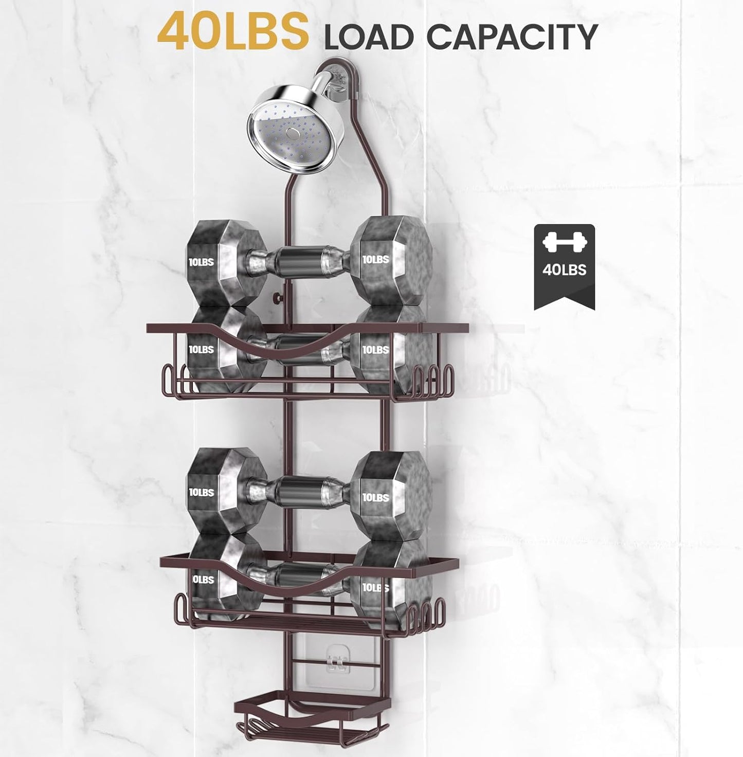 REINHARDT Shower Caddy Hanging Adjustable, Extended Length Rustproof Showers Caddy Over Showerhead with Hooks Soap Holder, Large Capacity Shower Organizer Anti-Swing Bathroom Organizer, Bronze