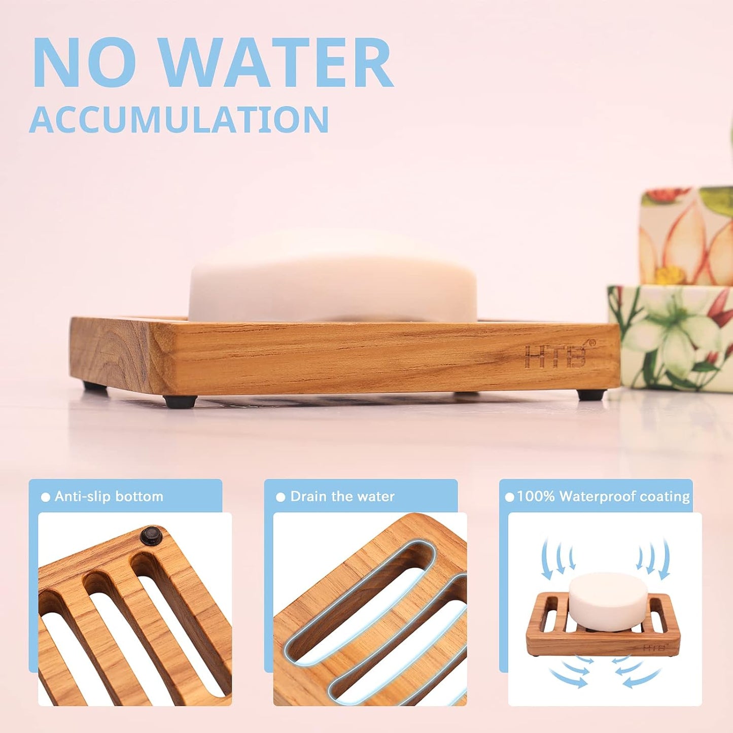 Slotted Bar Soap Holder Teak Wood by HTB, Kitchen Wooden Sponge Holder, Self Draining Soap Dish for Shower, Sink, Bathroom, Bathtub, RV