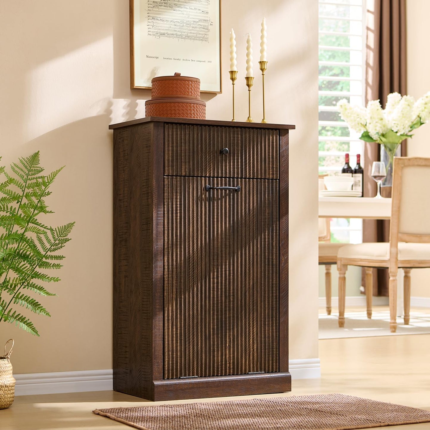 Modern Tilt Out Laundry Hamper Cabinet, 10 Gallon Fluted Trash Can Cabinet with Drawer, Wooden Hidden Garbage Can Cabinets with Laundry Basket, Free Standing for Bathroom and Kitchen, Brown