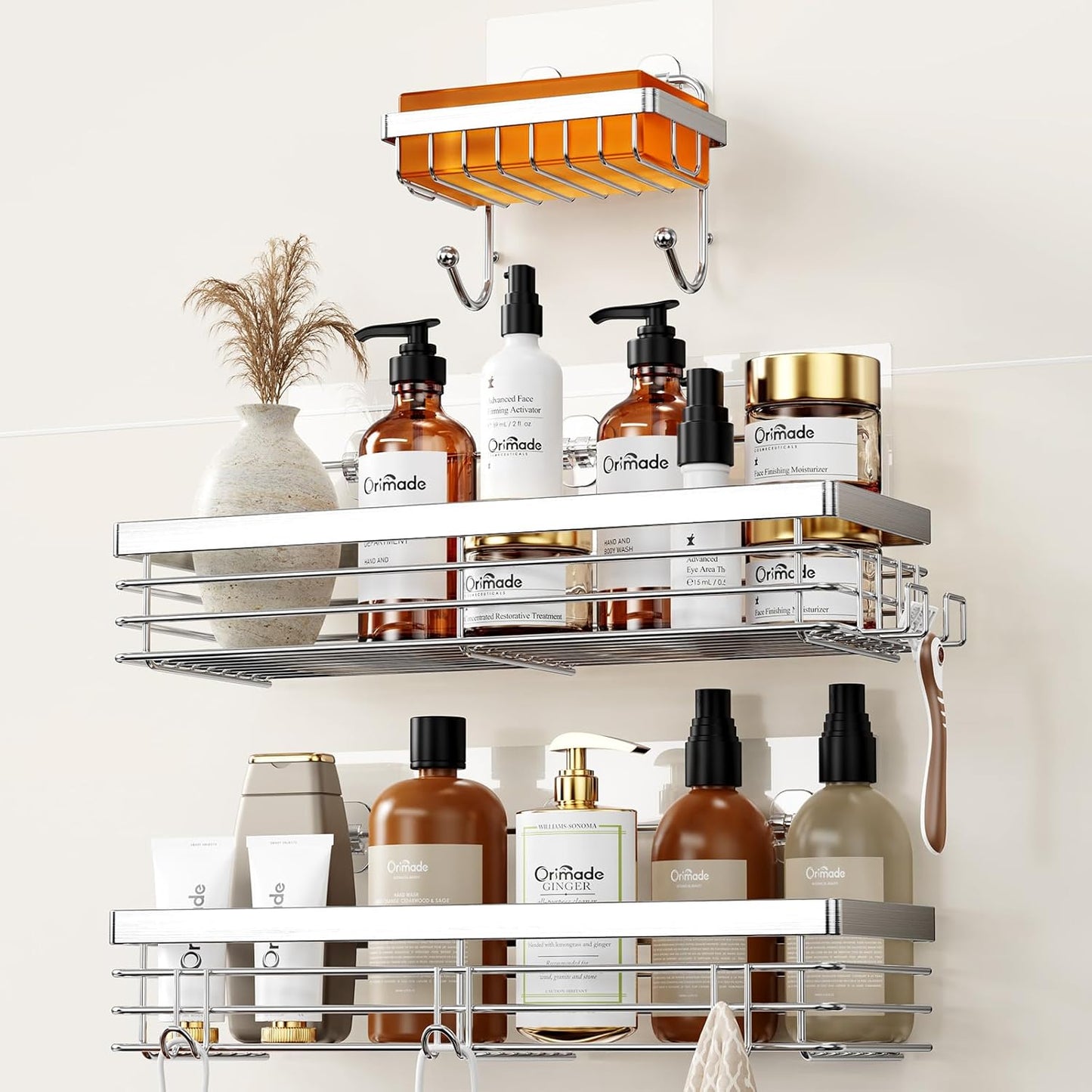 Orimade Adhesive Shower Caddy Soap Dish Holder Shelf with 5 Hooks Bathroom Organizer Basket Kitchen Storage Rack Wall Mounted No Drilling Stainless Steel - 3 Pack,Silver