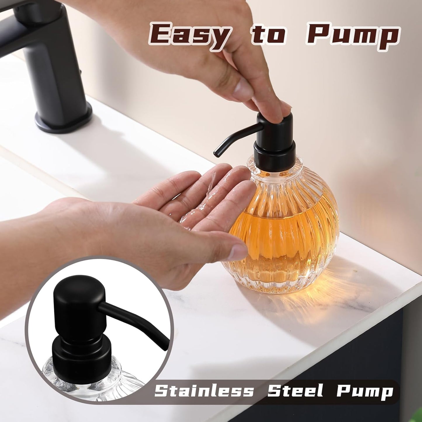 Round Soap Dispenser Bathroom with Black Pump, Glass Pump Bottle with Stainless Steel Pump Liquid Sphere Soap Dispenser Circular Countertop Kitchen