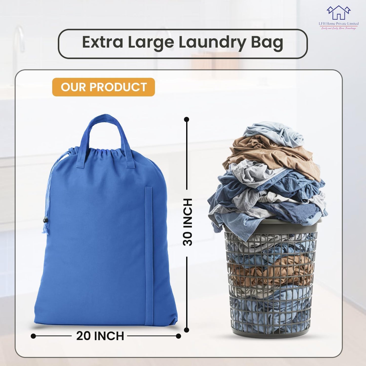 LFH Home Cotton Canvas Large Laundry Bag with Handle, Heavy Duty Drawstring Closure Washable Laundry Bags, School Travel, Home, Hotel, College Dorm, Organizer Sack, Toys Clothes 20x30-Sky Blue