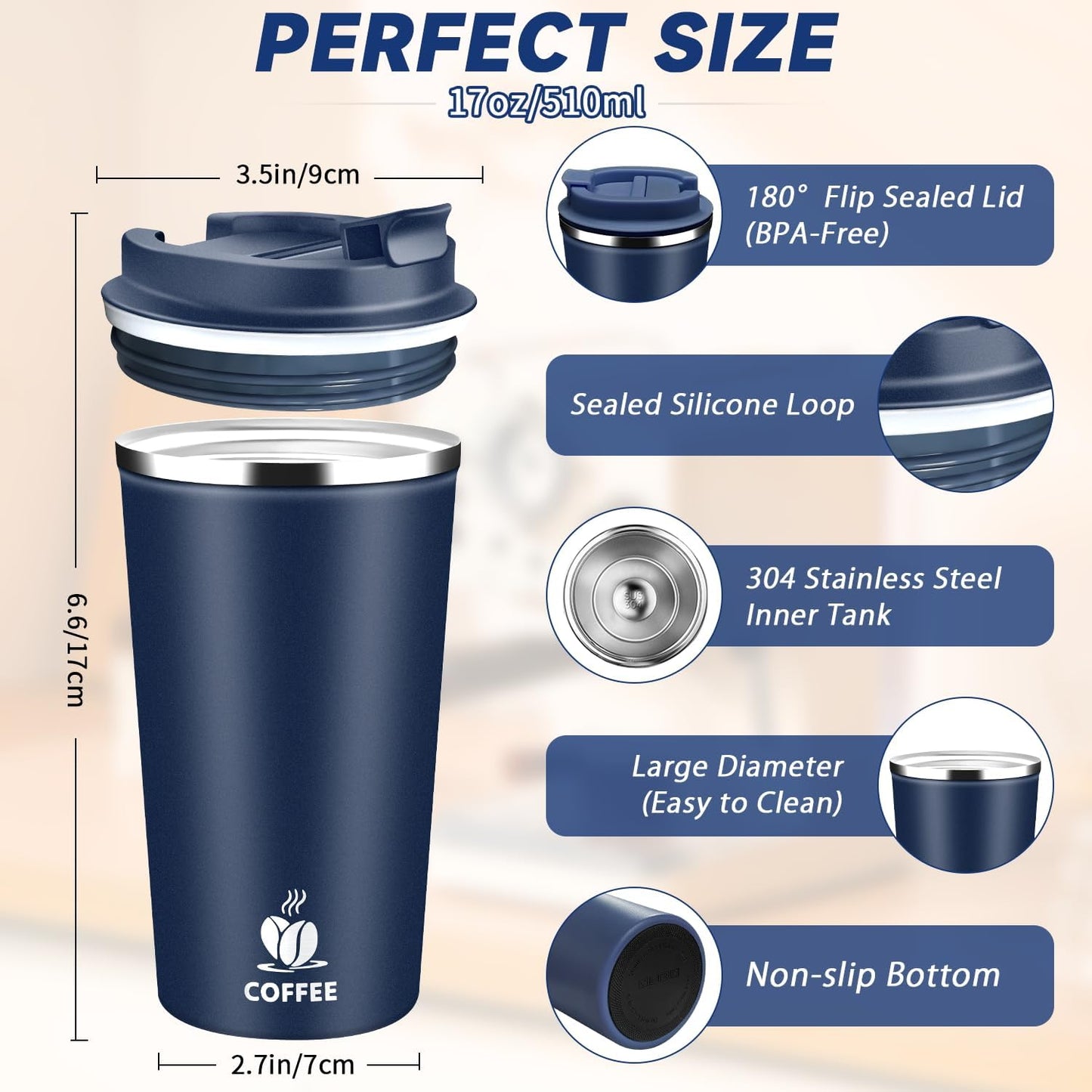 Insulated Travel Coffee Mug Reusable Coffee Tumbler Cup with Flip Lid Leak Proof Spill Proof for Office School Party Camping Hot and Cold Drink,Stainless Steel 17oz (Navy Blue)