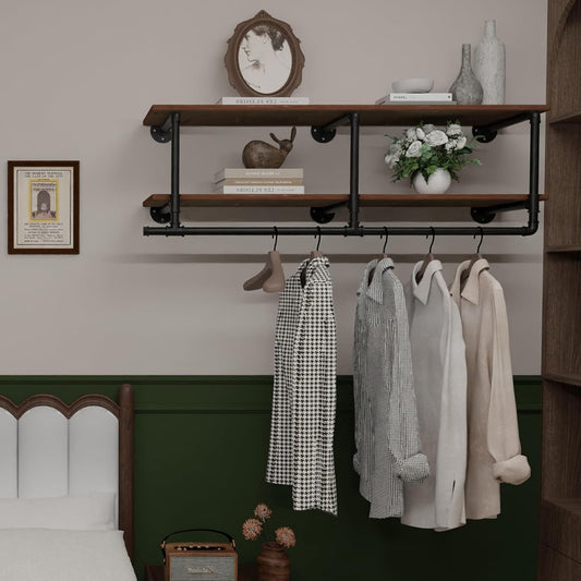Clothes Rack 48in, Wall Mounted Garment Rack with Real Wood Shelf, Heavy Duty Hanging Clothes Rack, Multi-Purpose Hanging Rod, Space-Saving Closet Storage (2T48IN)