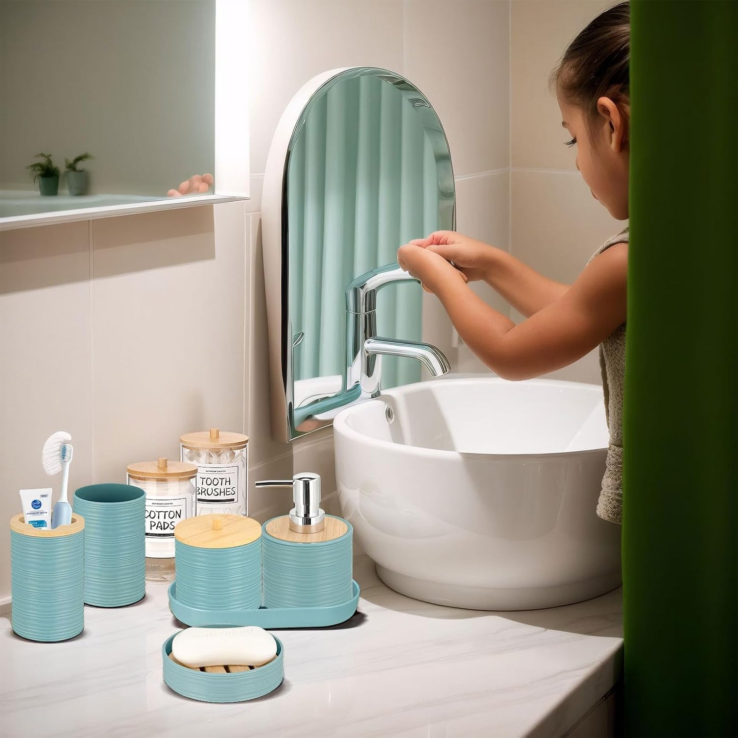 IMAVO Blue Bathroom Set,26Pcs Bathroom Accessories Set with PVC Shower Curtain,Rugs,Trash Can,Tray,Soap Dispenser,Soap Dish,Toothbrush Holder,Toothbrush Cup,Toilet Brush Holder and Qtip Holders