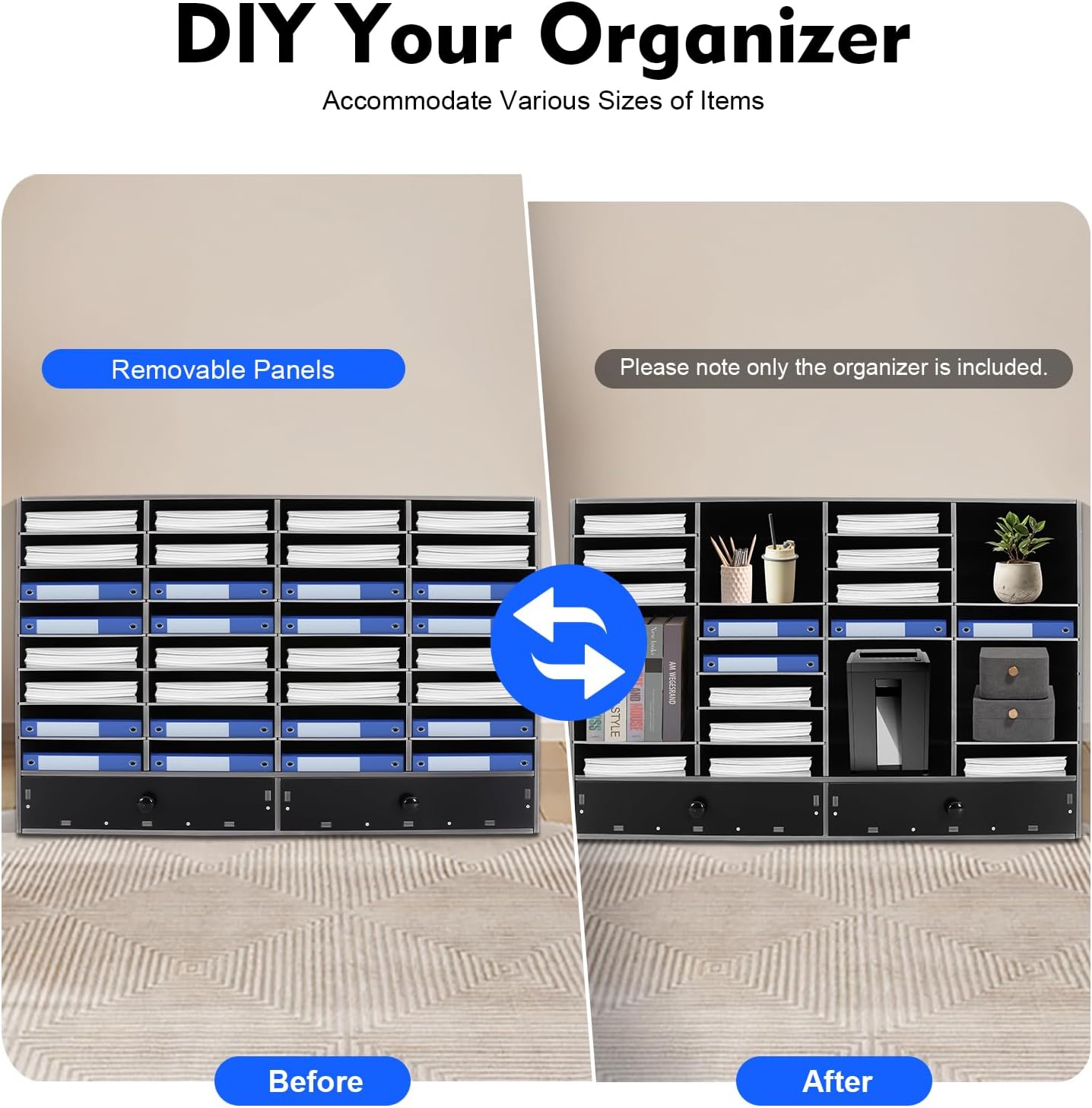 Literature Organizers, Mail Sorter Organizer Adjustable Shelves and 2 Drawers Desktop File Sorter Paper Organizer for Home School Office (Black, 32 Slots with 2 Drawers)