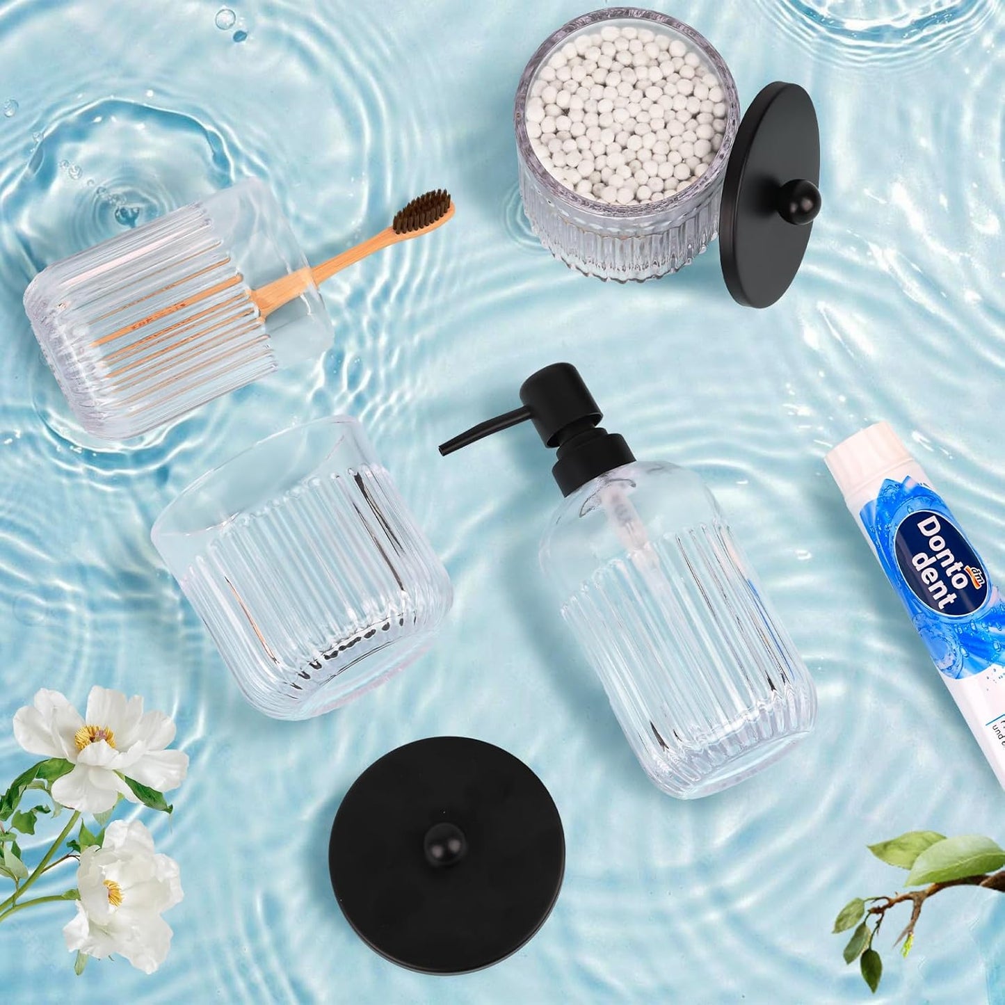 Bathroom Accessories Set,4 Pcs Clear Glass Bathroom Accessories Set with Toothbrush Holder,Lotion Soap Dispenser,2 Qtip Holder Dispensers - Countertop Organizer for Modern Bathroom Decor - Clear