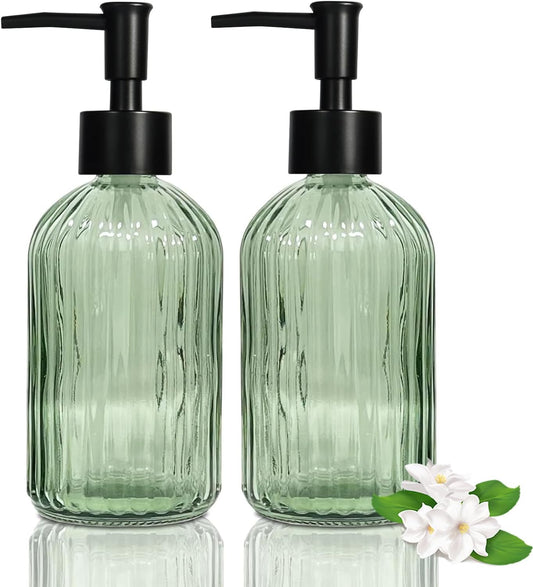 14 Oz Black Pump Glass Soap Dispenser, Green Stripe Countertop Refillable Liquid Bottle Hand Dish Lotion Dispenser with Plastic Pump, for Kitchen, Bathroom, 2 Pack