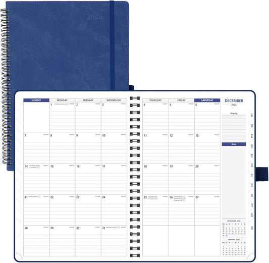 POPRUN 2026-2027 Monthly Planner A4 Size, 16 Months Calendar (Dec 2025-Mar 2027), 2 Pages per Month with Dotted & Lined Note, Monthly Tabs, Spiral Softcover, 2 Inner Pockets - Ink Blue