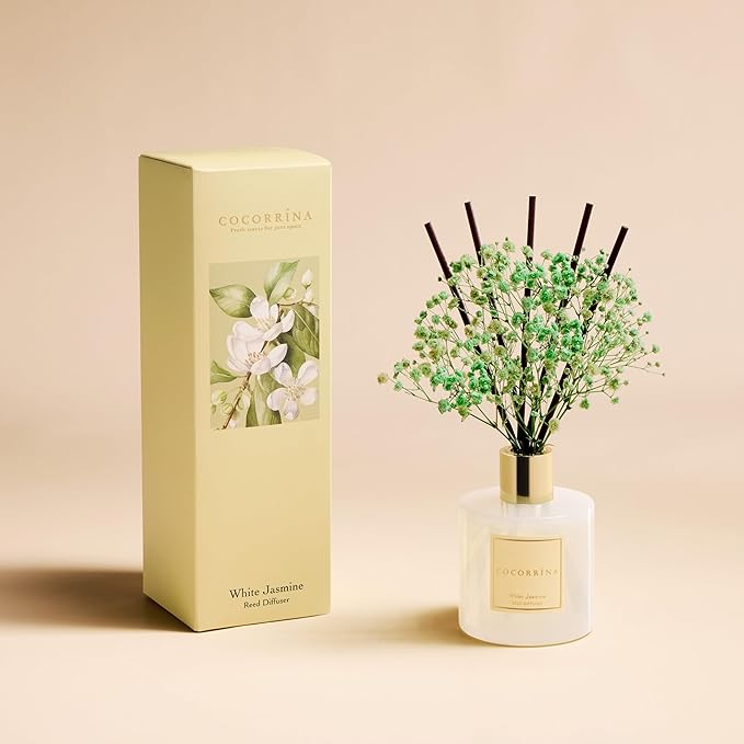 COCORRÍNA Reed Diffuser - White Jasmine 6.7 Fl.oz Reed Diffuser Set with Sticks & Preserved Baby's Breath, Reed Diffuser for Home Bathroom Shelf Decor