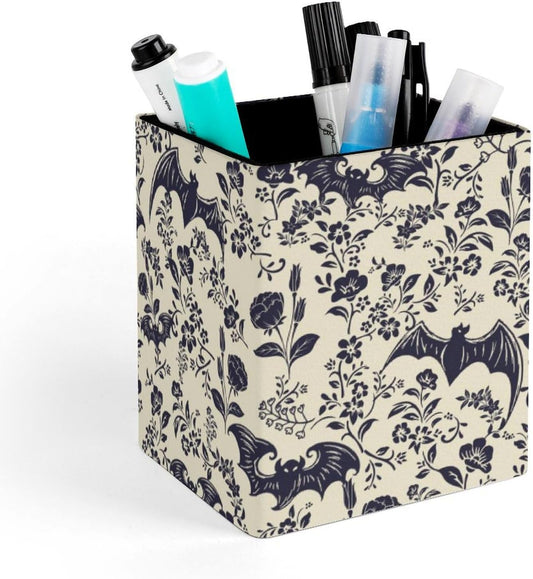 Square Pen Holder & Pencil Organizer for Desk - Office Storage Organizer, Markers/Makeup Brushes/Scissors Holder, Compact Desk Decor Accessories for Home Classroom School(Goth Bats)