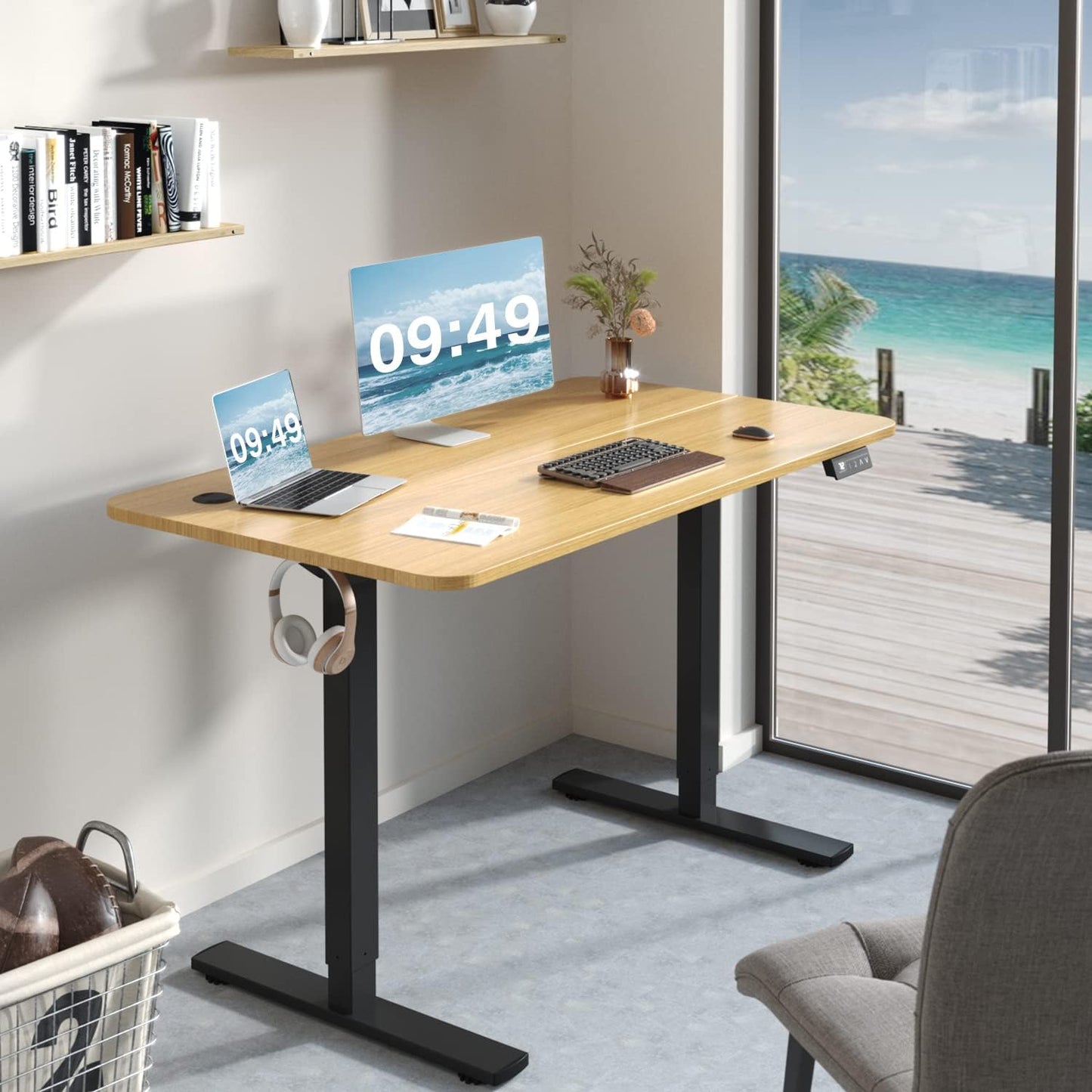 Furmax Electric Height Adjustable Standing Desk Large 48 x 24 Inches Sit Stand up Desk Home Office Computer Desk Memory Preset with T-Shaped Metal Bracket, Maple