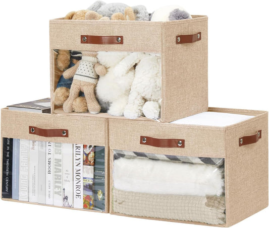 Extra Large Storage Baskets with Clear Window, See Through Closet Organizer with PU Handles, Linen Foldable Storage Bins for Organizing Clothes, Toys, Books (Khaki)