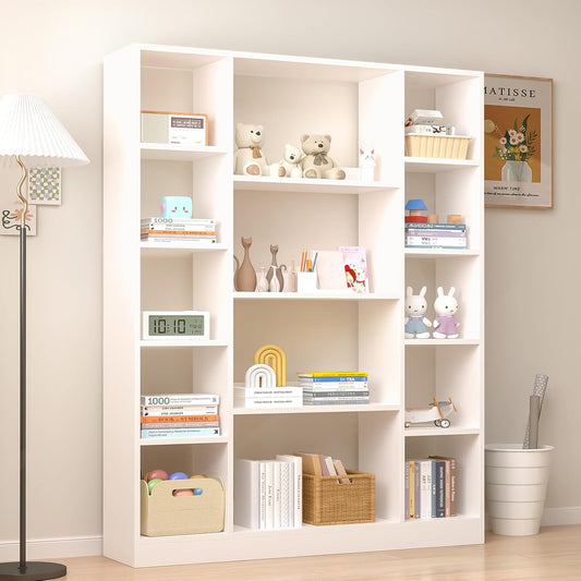 Cube Storage Bookcase with Base - Large Wooden Bookshelf with 10 Open Cubes and 4 Shelves for Home and Office, Freestanding Organizer, White