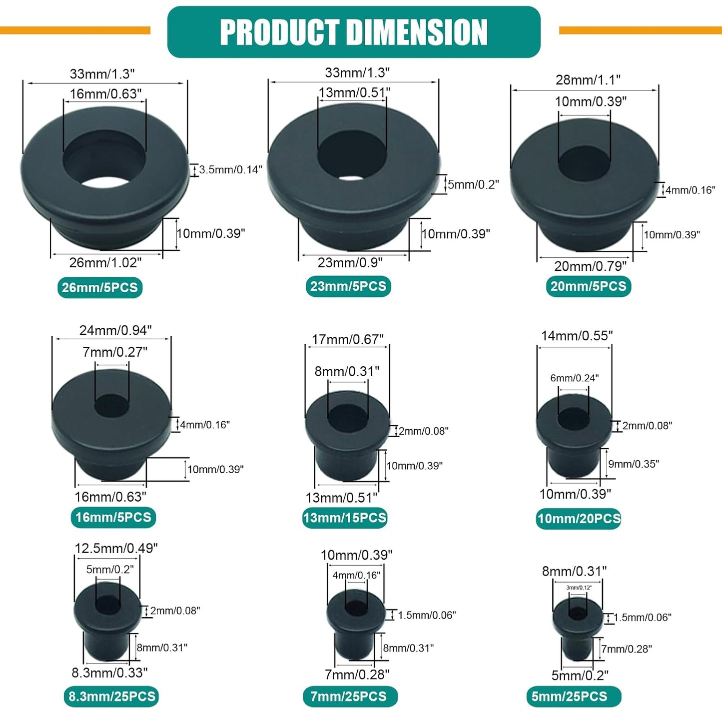 130PCS Silicone Rubber Grommets for Wiring, Black Top Hat Rubber Grommet Assortment Kit, 9 Sizes Round Hole Rubber Wire Grommets for Automotive, Vinyl Tubing in Hydroponic and Irrigation Systems