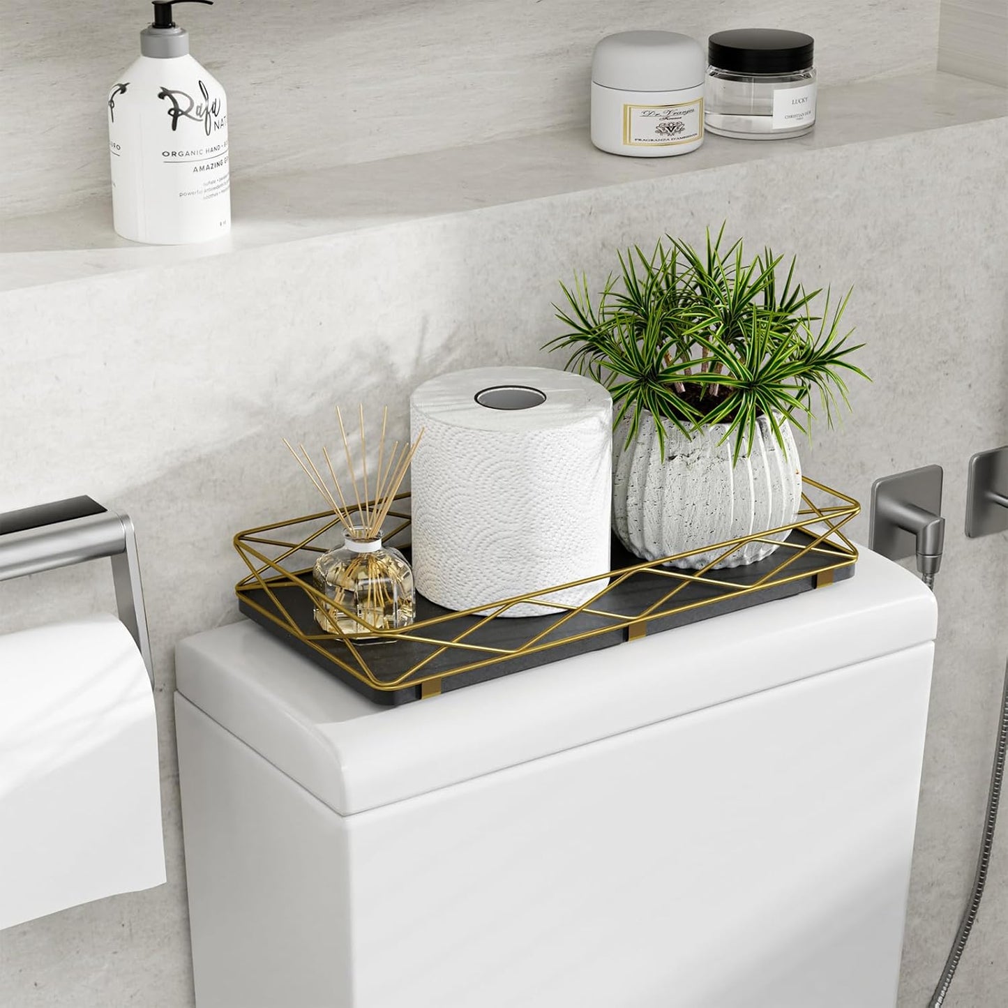 Toilet Paper Basket Holder, 13" Bathroom Tray Countertop, Wood and Metal Toilet Tank Tray Bathroom Vanity Organizer for Toiletry, Kitchen Sink Organizer for Soap Dispenser (Black + Gold)