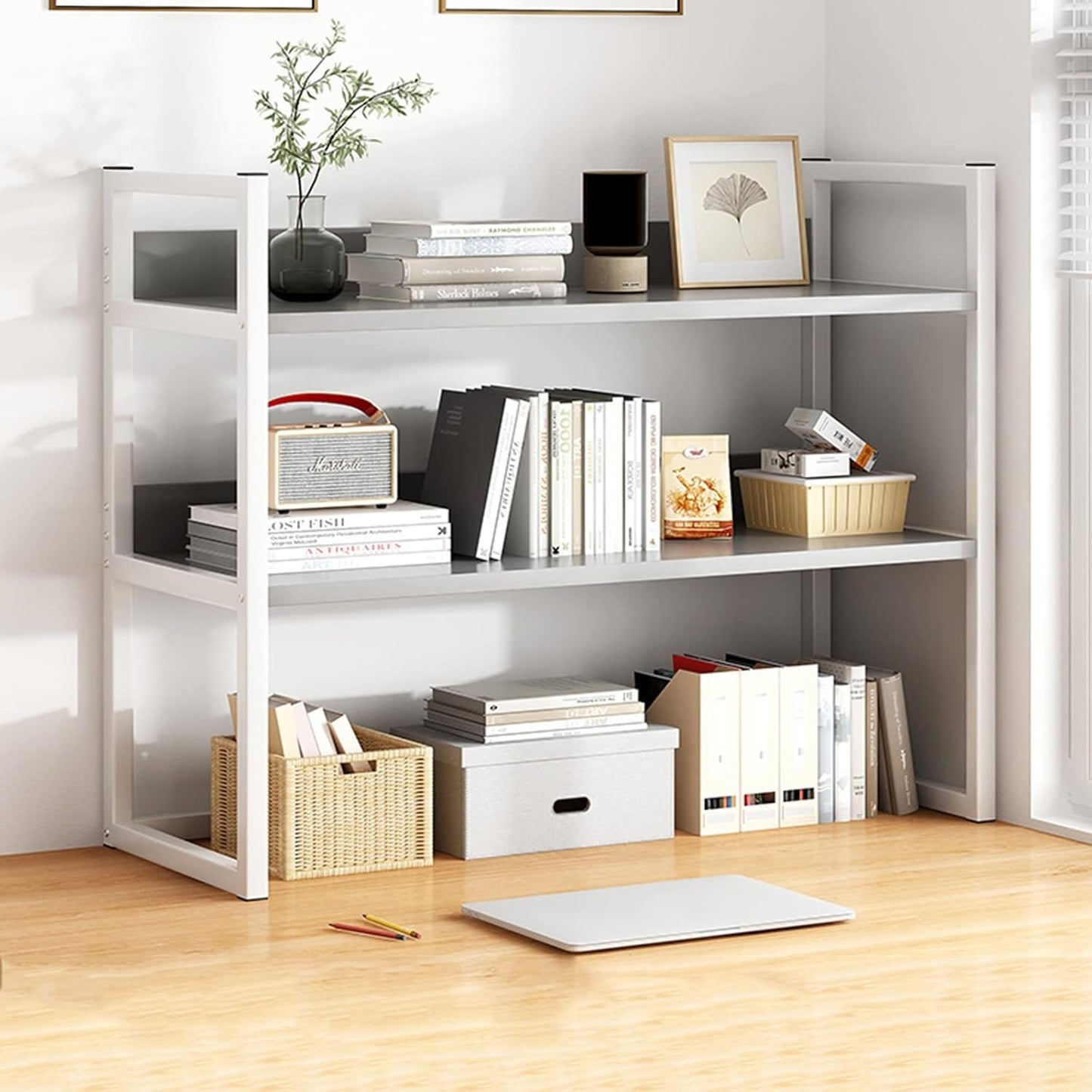 Desktop Bookcase for Computer Desk,2 Tier Adjustable Desk Bookshelf, Wood and Metal Printer Stand Office Supplies Organizers and Storage Display Shelf