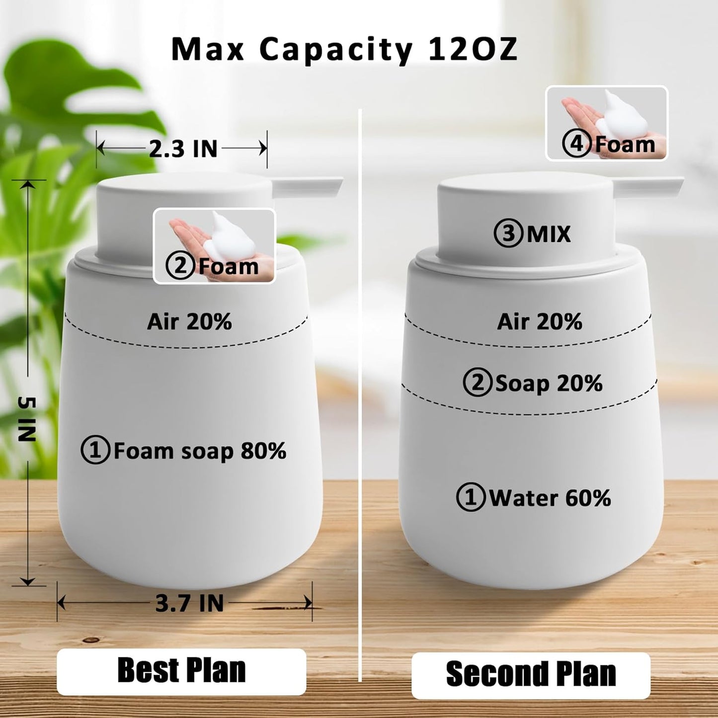 Soap Foaming Dispenser Ceramic with Easy-to-Press Pump Hand Foam Dispenser for Shampoo Bathroom Kitchen 12 oz