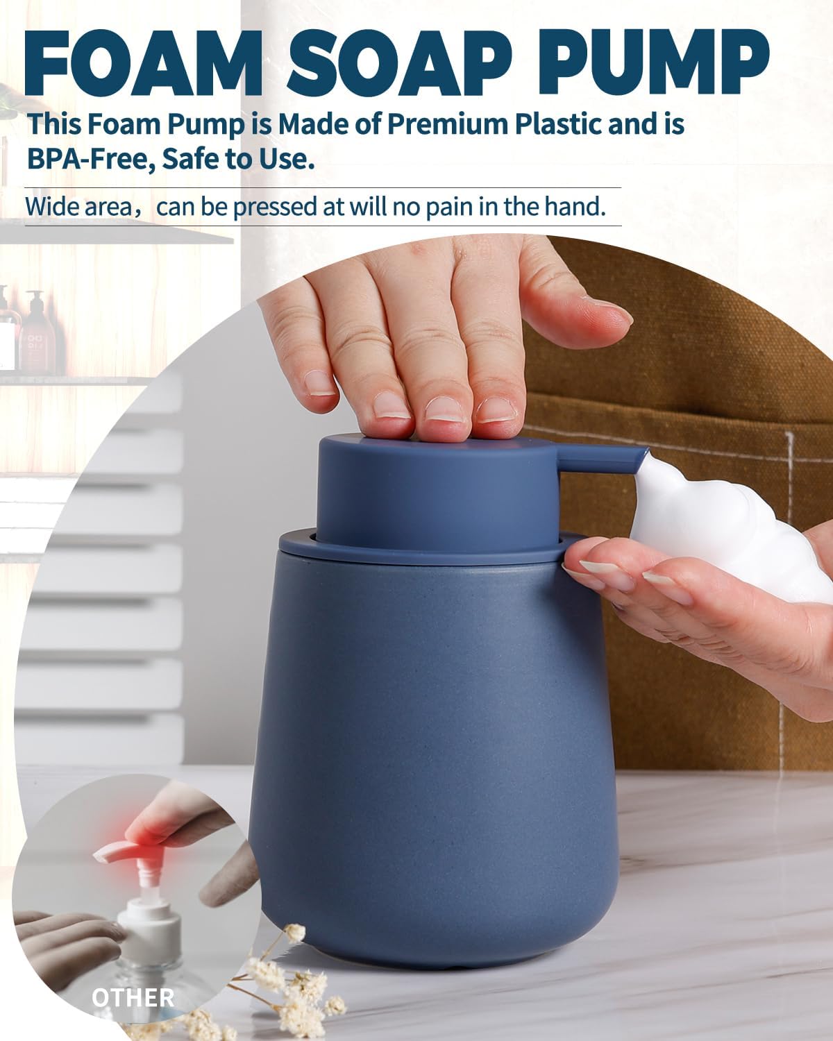 Bosilunlife Ceramic Foaming Soap Dispenser - 12oz Nave Blue Foam Hand Wash Dispenser Bathroom Countertop Soap Dispensers Kitchen Dish Soap Pump Dispenser Liquid Soap Dispenser for Bathroom