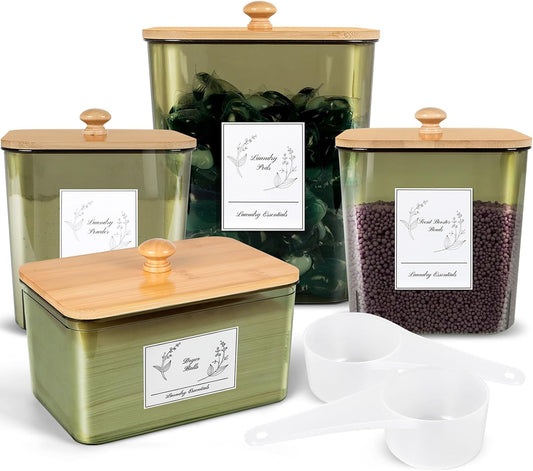 4 Pack Laundry Pods Container & Dryer Sheet Holder, Plastic Pod Holder with Lids & Scoops, Laundry Room Organization and Storage Sets for Powder, Detergent, Scent Booster