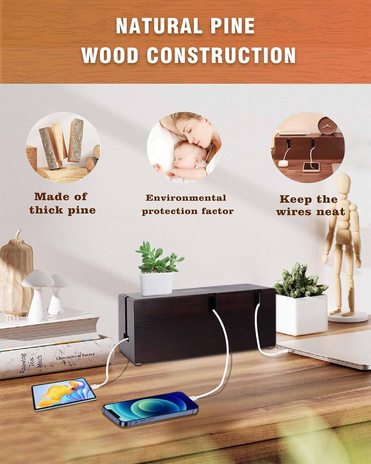 Natural Wood Cable Box. Cherry Color Large Cable Management Box, Cable Organizer Box, Perfect for Home, Office, or Desktop use. - Child and pet Safe Cable Box