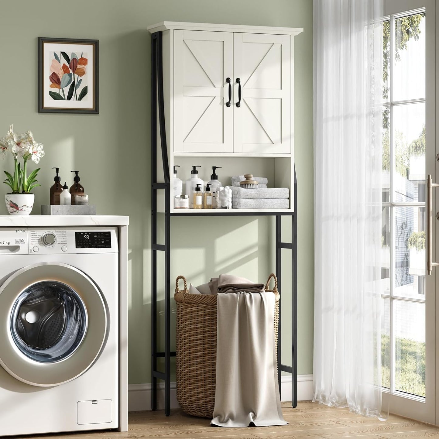 Over The Toilet Storage Cabinet, Over Toilet Bathroom Organizer, Above Toilet Storage Cabinet with Barn Doors Behind Toilet Bathroom Organizer (Cream White)