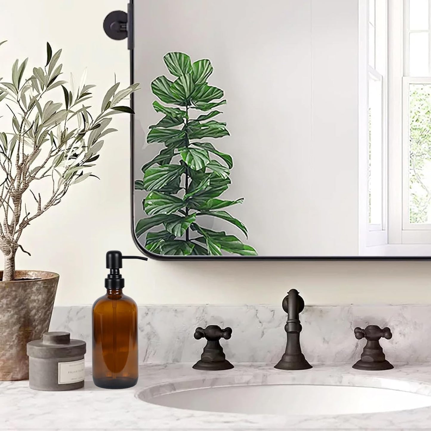 16 oz Refillable Glass Soap Dispenser with Black Rustproof Stainless Steel Pump, Glass Soap Dispenser for Hand Soap, Lotion, for Kitchen and Bathroom (Amber)