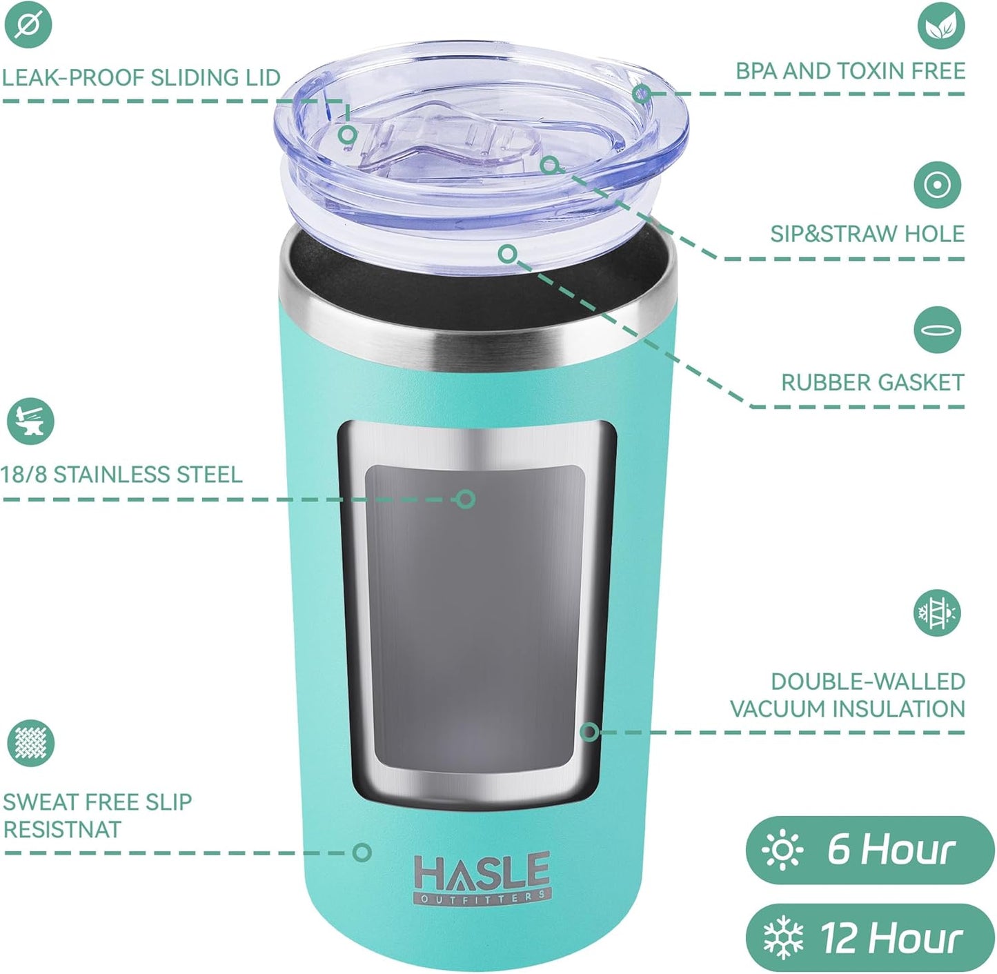 HASLE OUTFITTERS 12 oz Skinny Tumbler, Stainless Steel Insulated Slim Tumbler set bulk with Lid, Reusable Double Wall Travel Coffee Mug, Durable Powder Coated Travel Water Cup(Mint Green,6)