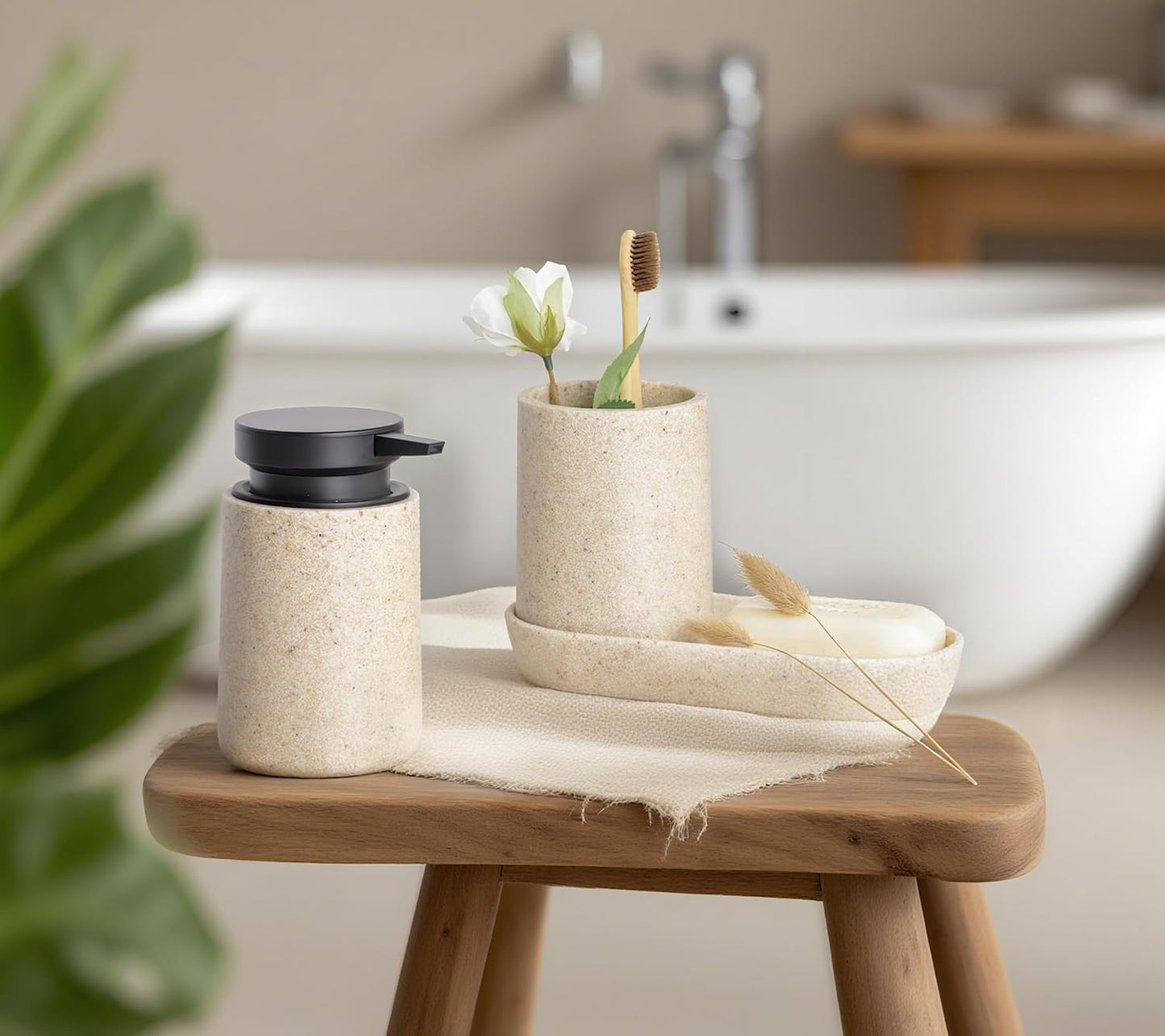 3 Pcs Bathroom Accessories Set, Liquid Soap Dispenser with Large Pump, Toothbrush Holder Cup and Soap Dish, Sandstone Texture Bathroom Counter Set for Modern Home (Beige)