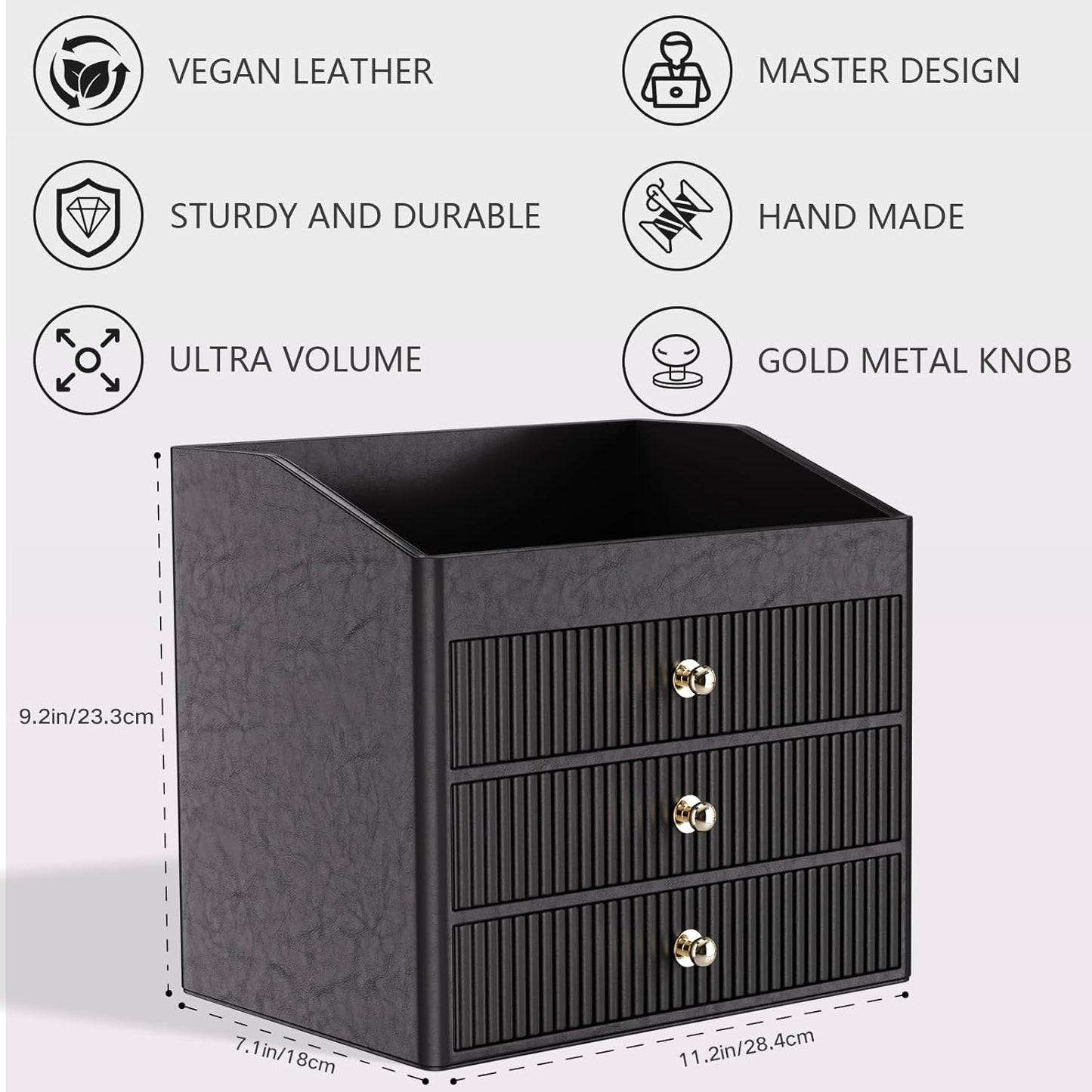 Desk Organizers and Accessories,Black Vegan Leather Desktop Organizer with 3 Drawers & Tray for Bedroom,Bathroom,Lipstick,Nail Polish,Skincare,Perfume,Jewelry Box